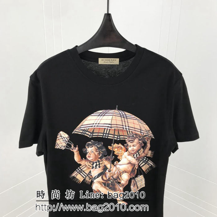 BURBERRY巴寶莉 19ss早春新款 經典格紋 丘比特印花圖案 純棉黑色短袖 男女同款 ydi1789